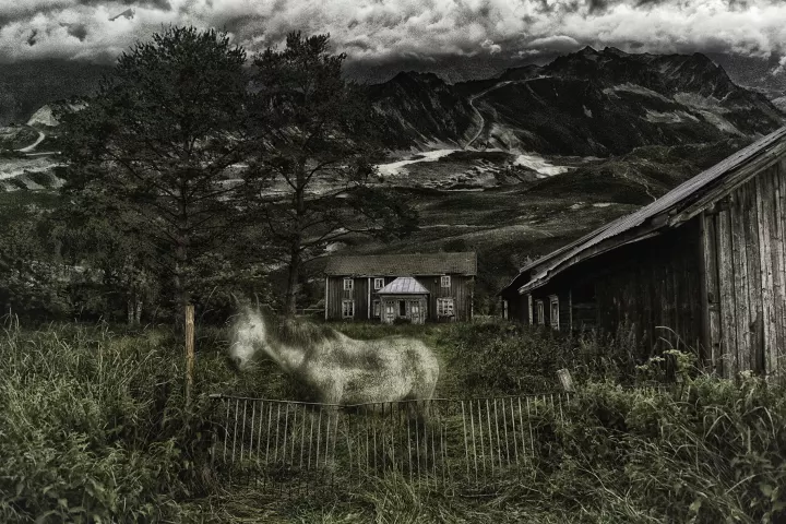 Un cheval un peu flou dans un enclos avec en arrière plan une ferme et un hangar devant des montagnes grandioses.