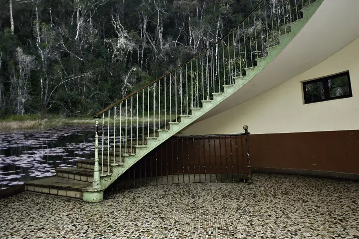 Un escalier au premier plan et, au deuxième plan, un paysage marécageux.